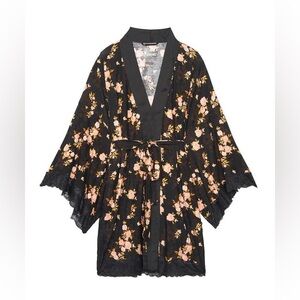 Heavenly by Victoria Secret Floral Black Satin Kimono Robe